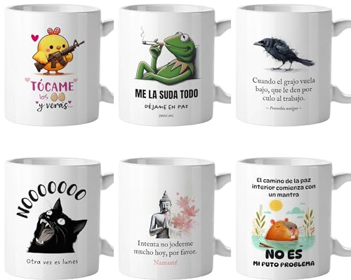 Tazas originales para regalar, Taza divertida con frases y mensaje gracioso, Detalles para compañeras de trabajo, Amigo invisible, Funny mug, Cerámica 330 mL (6 PACK)