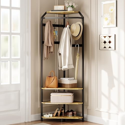 JOLLYTOP Garderobenregal, Eckgarderobe Mit 4 Ablagefächern, Kleiderständer | Mit 12 Haken,4-in-1-Garderobenständer, Kleiderstange Für Schlafzimmer, Wohnzimmer, Flur, Eingangsbereich