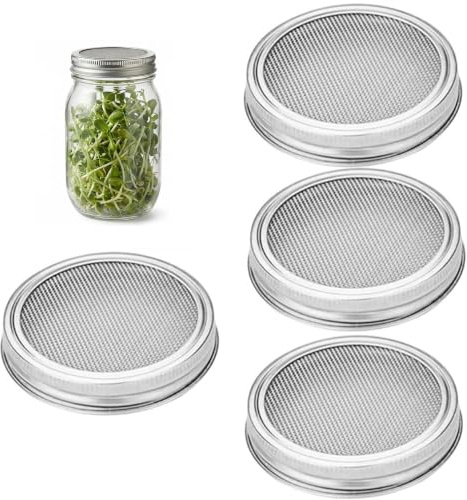 KIMHOME 4Pcs Sprout Jar Lids, Stainless Steel Reusable Mason Jar Covers with Strainer & Breathable Design for Sprouting, Seed Growing & DIY Spice Shakers