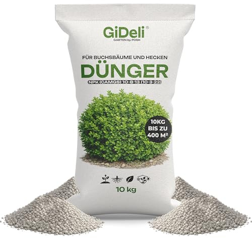 GiDeli Buchsbaum- & Heckendünger 10 kg Granulat Kirschlorbeer Thuja | Für lange Hecken, Liguster, Ilex und Koniferen, sattgrünes Laub, kräftige Wurzeln, Langzeitwirkung mit Magnesium