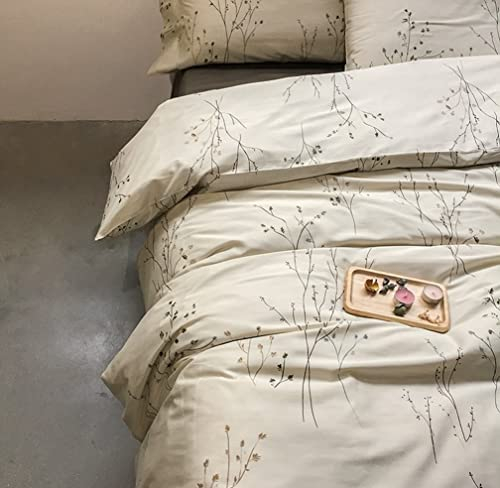 Modern Vintage Retro Mod Print Betten Ägyptische Baumwolle Bettwäsche Set Minimalist Chic Botanischen Design asiatischen Zen Style wendbar Muster in Full Queen oder King Size, baumwolle, Neutral Tan,
