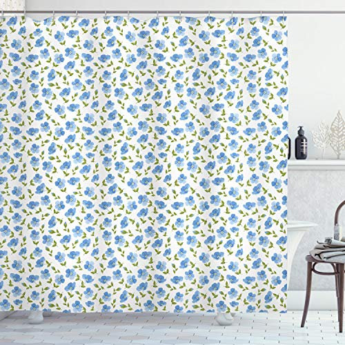 ABAKUHAUS Fleur Rideau de Douche, Old Vintage Fleurs, Tissu Ensemble de Décor de Salle de Bain avec Crochets, 175 x 200 cm, Vert Blanc Bleu