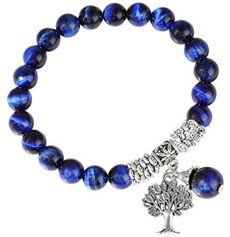 KYEYGWO Arbre de Vie Élastique Bracelet en Pierre Cristal, Chakra Rondes Perles d'Energie Yoga Bracelet pour Femme et Homme 7, Oeil de Tigre Bleu