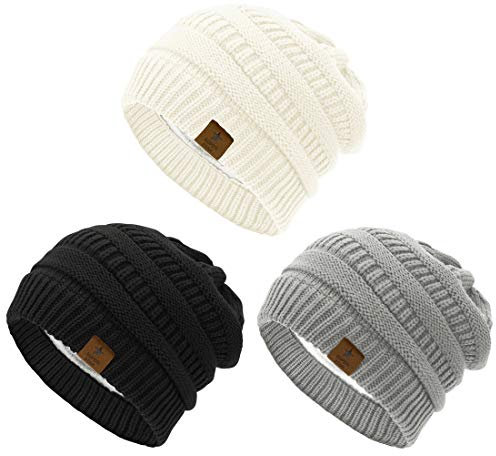 Durio Mütze Damen Winter Strickmütze Grobstrick Warme Beanie mit Innenfutter 3er Set C