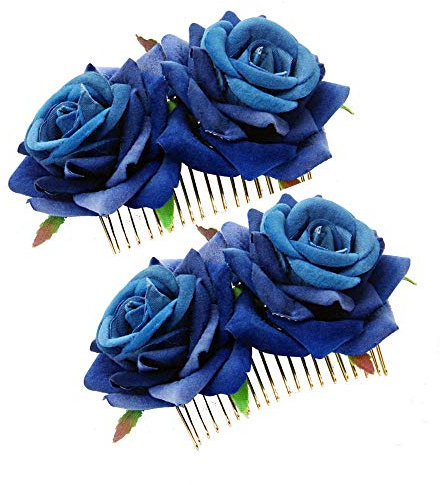 Yongbest Rose Blume Haarspange,2 Stücke Haarschmuck Blumen Rot Haarkämme Damen Kopfband für Frauenmädchen Hochzeitsfeier Flamenco-Tänzerin Blau