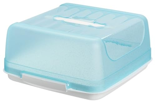 Engelland Recht-Eckige Kuchen-Transportbox mit Griff, Deckel und 2-fach Klick-Verschluss, Farbe: Türkis/Weiß, L 27,5 cm x B 26,5 x H 12,5 cm, BPA-frei, Torten-haube, quadratisch