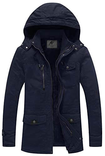 WenVen Homme Veste Matelassée d'hiver en Coton Veste Coupe-Vent Extérieure Chaude Manteaux à Capuche Fausse Fourrure Parka Classique Bleu Marine L