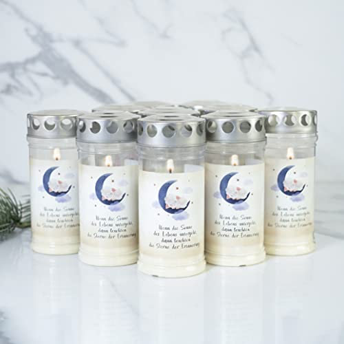 10er Set HOFER GRABKERZEN 4 Tage Brenndauer - Das Original [Sternenkind blau] Trauerkerzen mit Deckel | Grablicht, Friedhofskerze mit Motiv und Spruch | Kerzen für Grabdeko und Grabschmuck