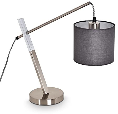 Tischleuchte Huemoz, 1-flammige Tischlampe aus Metall/Holz/Stoff in Nickel-matt/Grau/Weiß, mit An-/ & Ausschalter am Kabel, 1 x E27, mit Lichteffekt durch den Schirm, ohne Leuchtmittel