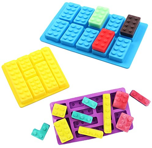 Bymivofun 3 moldes de silicona para bloques de construcción, 12 tipos de moldes, moldes de silicona para cubitos de hielo, dulces, para hornear familiares, temáticas de bloques construcción, fiestas