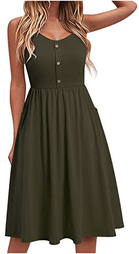 Yageshark Robe femme à manches longues col rond uni longueur genou robe décontractée swing taille haute A-ligne bouton midi robe