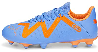 PUMA Unisex Kids Future Play Fg/Ag Jr Soccer Shoe, Blue Glimmer Puma White Ultra Orange, 10 UK