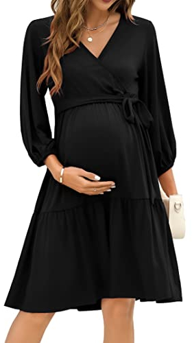 KOJOOIN Robe de maternité pour Femme Col en V Manches 3/4 Robe d'allaitement à Volants Robes de maternité avec Ceinture,Noir (Manches 3/4),M