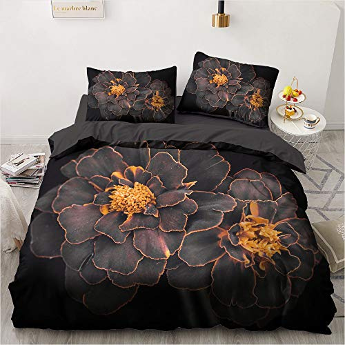 Luowei Blumen Bettwäsche 200x220cm Schwarz Orange Vintage Floral Bettbezug Set mit Reißverschluss Weiche Microfaser Deckenbezug und 2 Kissenbezüge 80 x 80cm