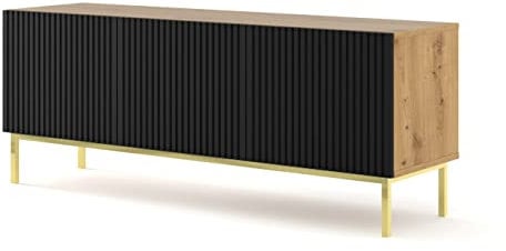BIM Furniture Meuble TV Ravenna avec 3 Portes en Bois Et Cadre Doré - Noir Et Beige - L 150 X P 42 X H 58 Cm