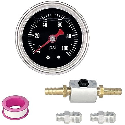 1/8NPT Back Mount, Fuel Pressure Gauge Glycerin Filled,1-1/2 Dial Size, 0-100 Psi,with 6AN to 1/8 NPT Fitting Adaptor Kit, Universal, Polished Case,Liquid Filled