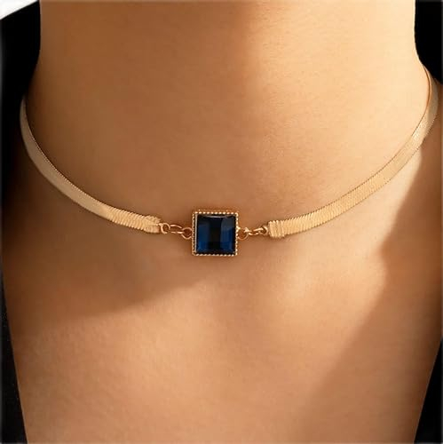Inateannal Blaue Edelsteinkette Quadratische Halskette Gold Blauer Topas Kette Halskette Fischgrät Edelstein Halskette Flache Schlangenkette Kragen Halskette Schmuck Für Frauen Und Mädchen