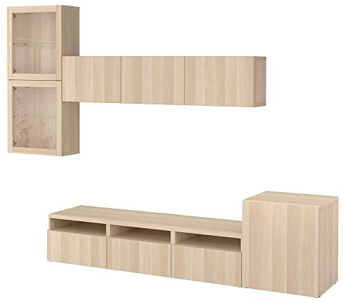 Ikea BESTÅ TV-Aufbewahrungs-Kombination / Glastüren, 300 x 42 x 211 cm, weiß gebeiztes Eichenholz / Lappviken weiß gebeiztes Glas