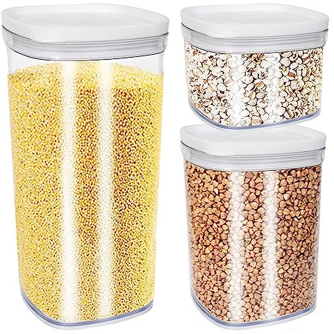 Juego de 3 Botes Cocina Almacenaje, Recipientes Herméticos para Cereales Alimentos Plastico, Recipientes Organización de Cocina y Despensa, Tarros Cocina para Almacenar Cereales Pasta Harina (Blanco)