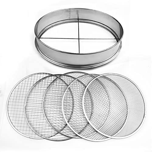 Colador de jardín de acero inoxidable 5 en 1, colador de arena, colador de compost con 5 filtros intercambiables, diámetro de 3,6,9,10,12 mm, para jardín, tierra, piedras, 30x7,5 cm