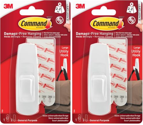 Command Large Utility Hook, Pack of 2 Hook and 2 Adhesive Strips, White - Damage Free Hanging - Holds up to 2.2kg