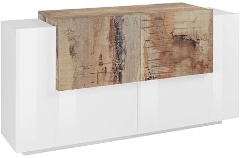 Whous – Moderne Anrichte für Wohnzimmer Corona 160 – weißes Sideboard mit Korpus Ahorn – Anrichte 2+2 Türen – Moderne Wohnzimmer-Anrichte aus Melamin mit Holzregalen – moderner Eingangsmöbel,