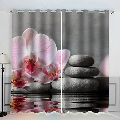 AKATIE Kinderzimmer Vorhänge Zen-Stein Orchidee Fenstervorhang mit ösen Junge Mädchen Schlafzimmer Wohnzimmer Küche Verdunklungsvorhang 2-Set (150x166 cm)