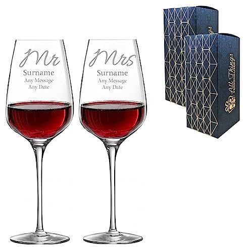 Personalised Engraved Set of Mr and Mrs Wine Glasses, Gift Boxed, Anniversary or Wedding Gift, Two 15.8oz/450ml Sublym Wine, Elegant Font Design, Engraved in The UK