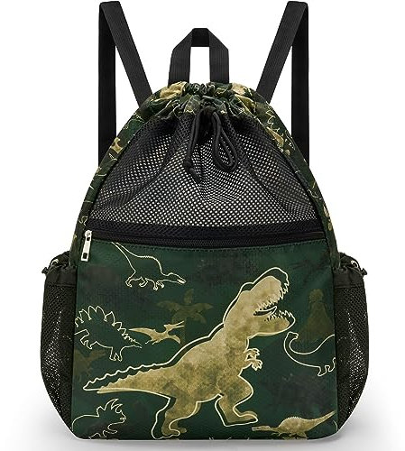 WAWSAM Dinosaurio Mochila con Cordón - Mochila de Cuerdas para Niños Bolsa de Natación con Bolsillo Impermeable con Cremallera Bolsa de Cuerdas para Niños para Piscina Deporte Yoga Viaje