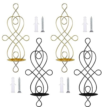 4 Stück wirbelnde Wandkerzenhalter, Vintage, dekorativer Wandkerzenhalter, faltbare Metall-Kerzenleuchter für Stumpenkerzen, hängender Kerzenhalter, Gold & Schwarz