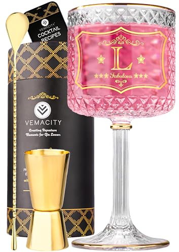 Vemacity Verre à gin personnalisé avec jantes dorées + votre choix d’initiale (L) | Grands verres à gin pour femme avec cuillère à cocktail et doseur dorés | Recette PDF | Verre à vin idéal Aperol