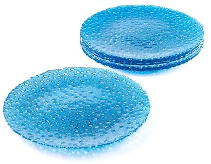 Foodesign Set di 6 piatti Piani, Collezione Sfera, in Vetro Colorato Celeste e Sfere Decorative, Forma Irregolare, Ideale come Sotto piatto, dia 33 x H 2,5 cm