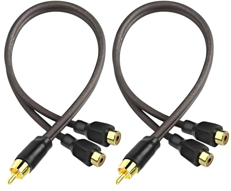XMSJSIY RCA Cable Car Audio Y Splitter Cable Male to Dual Female Gold Plated Stereo Audio Adapter Gold Plated Plug Connectors Extension Cord for Amplifier Subwoofer -29cm - 2PCS (Male to Dual Female)