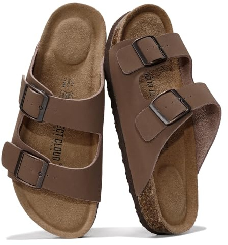Project Cloud 100% Genuine Leather Flat Sandals For Women 2026 Cork Footbed Womens Sandals with Memory Foam and arch support Vacation Essentials Slides for Women Footwear (Venita, Tan, 8.5)