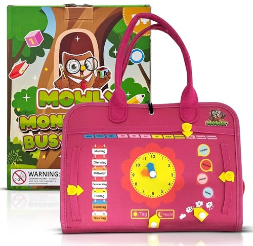 Mowly Deutsches Montessori Busy Board ab 3 Jahre Aktivitätsset - Tragbares 8 in 1 Kinder Motorik & Lernspielzeug zur Bildung von Problemlösung, Kognitiven & Praktischen Fähigkeiten - Rosa, DE