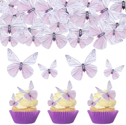 ENLACE 72 Stück Essbare Schmetterlinge Kuchen-Deckel,Schmetterling Tortendeko Essbar,Lila Schmetterling Kuchen Deko,Esspapier Tortendeko,Schmetterlinge Deko Torte für Hochzeit Geburtstag,Taufe