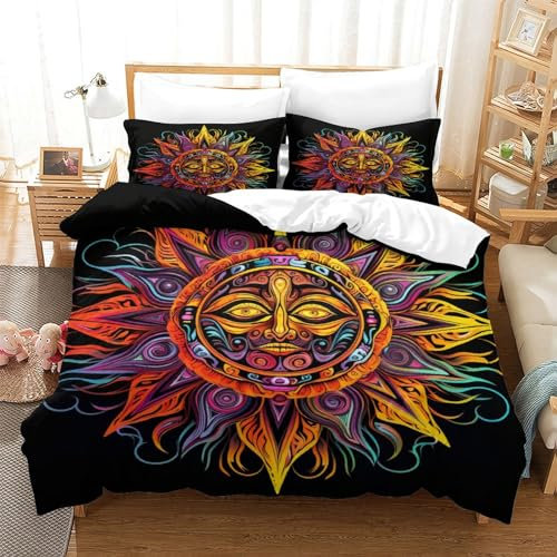 JMORCO Böhmische Sonne 3D Print Bettwäsche Dreiteiliger Set Microfaser Himmlische Qualität Heimdekoration Bettbezug Mit Reißverschluss Und Kissenbezug Geeignet Für Jung Und Alt Single(140x200cm)