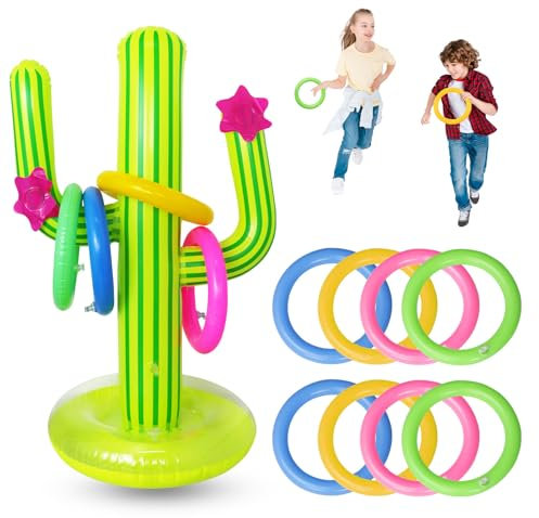 9Pcs Inflatable Ring Toss Game Set, Inflatable Cactus Ring Set with 1 Inflatable Cactus and 8Pcs Rings, Inflatable Pool Toys for Indoor Outdoor Summer Pool Party Family Game