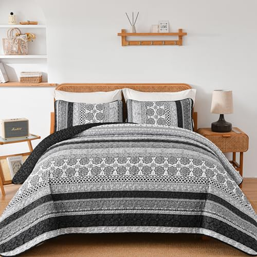 WONGS BEDDING Tagesdecke 220x240 Bettüberwurf Boho Decke Steppdecke 3 Teilig Doppelbett Gesteppt Bettdecke Mikrofaser Wohndecke mit 2 Kissenbezug 50x75 für Schlafzimmer als Sofaüberwurf (Schwarz)