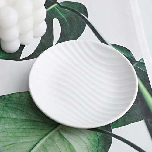 Chic Round Soap Dish, Modern Minimalist Striped Design Ceramic Tray(White)