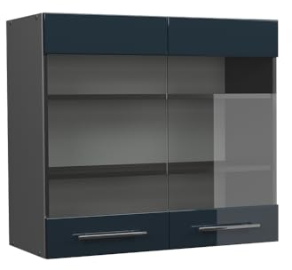 Vicco Küchenglasschrank Fame-Line, Dunkelblau Hochglanz/Anthrazit, 80 cm