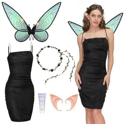 Joellfuner Waldfee Kostüm Damen mit Fee Flügel, Elfenohren & Blumenkranz - Märchenwald Forest Fairy für Erwachsene Karneval Cosplay (M)