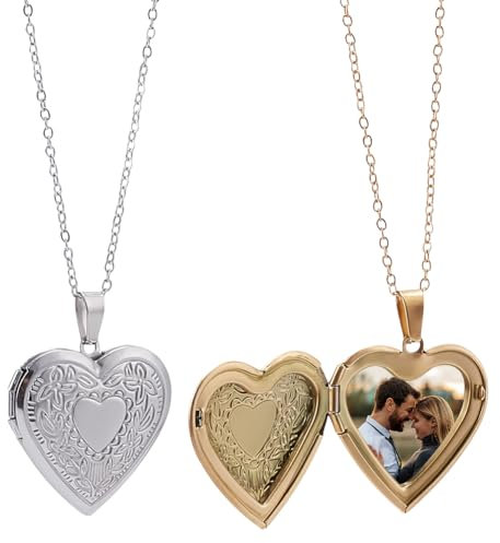 PLIGREAT 2 collares con colgante en forma de corazón de acero inoxidable que sostienen fotos para mujeres y hombres, regalos de cumpleaños, collares de joyería, oro y plata, Acero inoxidable