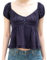 Women Y2K Ruffle Crop Top Short Puff Sleeve V Neck Lace Trim Button Down T-Shirt Summer Fairy Grunge Babydoll Blouse Tee (Dark Blue D, S)