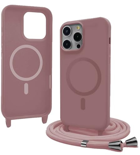Bigcousin Handykette für iPhone 14 Pro Max Hülle mit Band,Magnetisch kompatibel mit Magsafe,Silikon Necklace Handyhülle mit verstellbar und abnehmbar,Rosa Gold