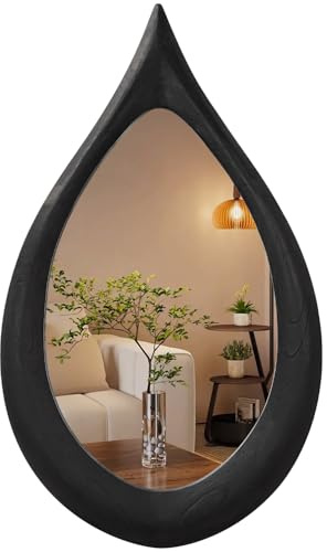 FEUFOAM Irregular Wood Framed Bathroom Mirror Black Teardrop Mirrors Big Asymmetrical Wall Mounted Vanity Mirrors Unique Art Mirror Decorative for Bedroom Living Room Entryway