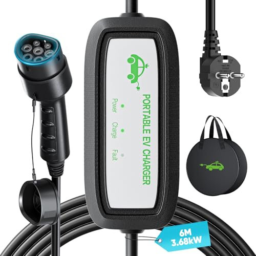 EVJUICION Electric Car Charger 3.68kW [16A, 6m] EV Charger Type 2, Electric Car Charging Cable Type 2, LED Indicator, with Bag, Compatible with 3008, e-C3, Golf, Model Y and Other EV/PHEV (6M)