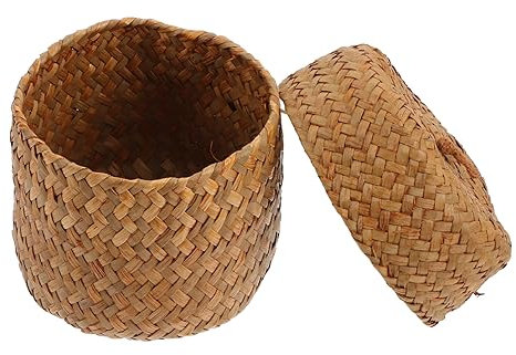 SOLUSTRE Handmade Straw Flower Basket Mini Storage Box Lid Rattan Storage Basket