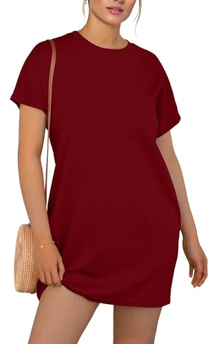 GRECERELLE Sommerkleid Damen Kurzarm Strandkleid Elegant Rundhals Lässige Freizeitkleid Frauen Kleider mit Taschen Einfarbig Summer Dressed Tshirt Leicht und Luftig Freizeitkleider