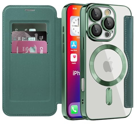 IMEIKONST for iPhone 16 Pro Case Flip Wallet Cover, Green JDCX | RFID Blocking Card Holder, Camera Lens Protection, Magnetic Transparent TPU Back, Compatible with MagSafe, PU Leather